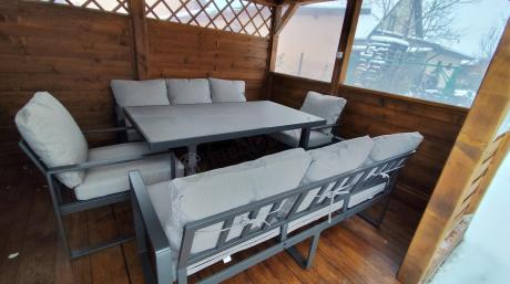 Meble ogrodowe dla 8 osób - sofy 175cm, fotele, szklany stół 160cm - Panaon Grande Elite LG