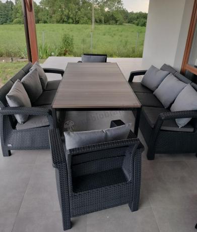 Meble ogrodowe dla 8 osób, 2 sofy, 2 fotele, stół 200cm z drewnianym blatem Meblobranie CFM Plus grafit + poduszki na