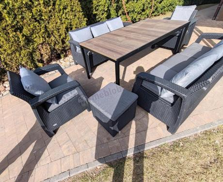 Meble ogrodowe dla 8 osób, 2 sofy, 2 fotele, stół 200cm z drewnianym blatem Meblobranie CFM Plus grafit + poduszki na