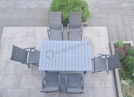 Meble ogrodowe Kantara z jasnoszarym rozkładanym stołem 241cm i 8 składanymi krzesłami grafitowymi
