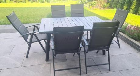 Meble ogrodowe Kantara z jasnoszarym rozkładanym stołem 241cm i 8 składanymi krzesłami grafitowymi