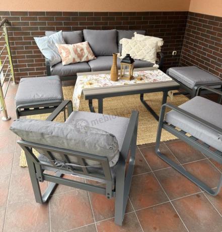 Meble ogrodowe metalowe - sofa 175cm, fotele, pufy i stolik kawowy - Panaon Dining