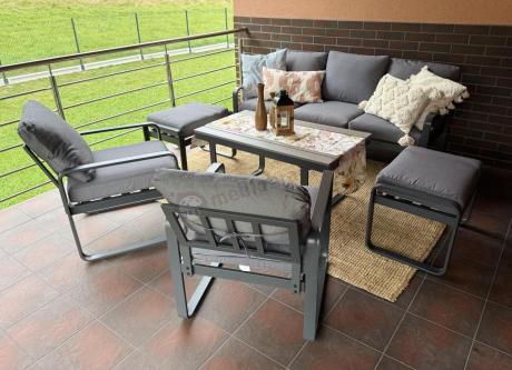 Meble ogrodowe metalowe - sofa 175cm, fotele, pufy i stolik kawowy - Panaon Dining