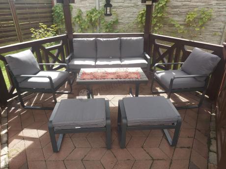 Meble ogrodowe metalowe - sofa 175cm, fotele, pufy i stolik kawowy - Panaon Dining