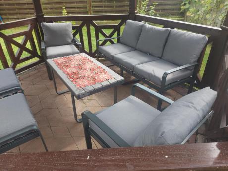 Meble ogrodowe metalowe - sofa 175cm, fotele, pufy i stolik kawowy - Panaon Dining