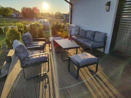 Meble ogrodowe metalowe - sofa 175cm, fotele, pufy i stolik kawowy - Panaon Dining