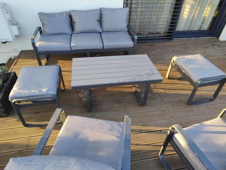 Meble ogrodowe metalowe - sofa 175cm, fotele, pufy i stolik kawowy - Panaon Dining