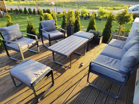 Meble ogrodowe metalowe - sofa 175cm, fotele, pufy i stolik kawowy - Panaon Dining