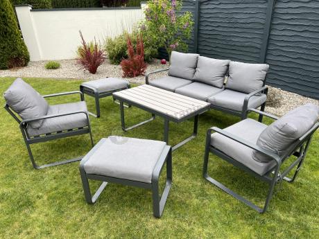 Meble ogrodowe metalowe - sofa 175cm, fotele, pufy i stolik kawowy - Panaon Dining