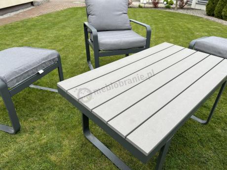 Meble ogrodowe metalowe - sofa 175cm, fotele, pufy i stolik kawowy - Panaon Dining