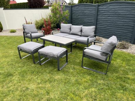 Meble ogrodowe metalowe - sofa 175cm, fotele, pufy i stolik kawowy - Panaon Dining