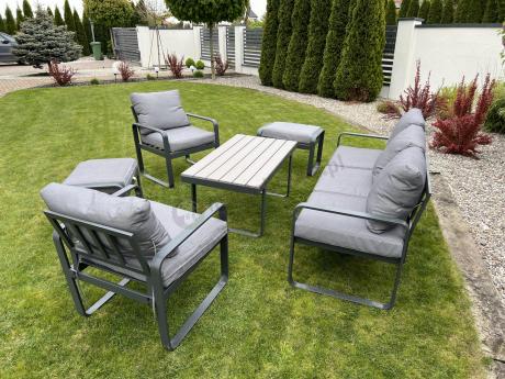 Meble ogrodowe metalowe - sofa 175cm, fotele, pufy i stolik kawowy - Panaon Dining
