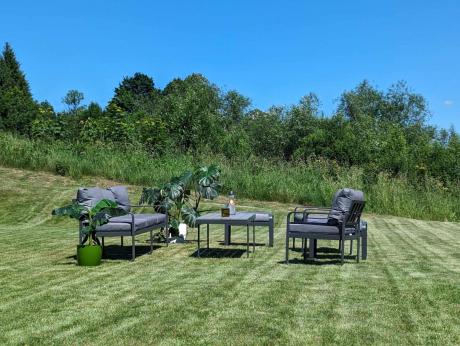 Meble ogrodowe metalowe - sofa 175cm, fotele, pufy i stolik kawowy - Panaon Dining