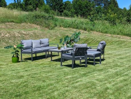 Meble ogrodowe metalowe - sofa 175cm, fotele, pufy i stolik kawowy - Panaon Dining