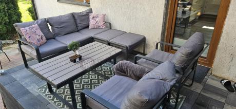 Meble ogrodowe metalowe - sofa 175cm, fotele, pufy i stolik kawowy - Panaon Dining