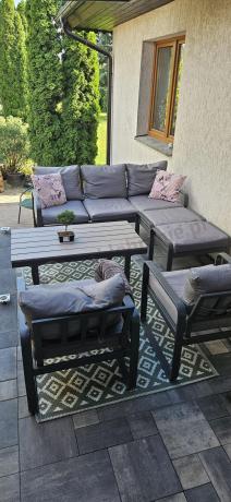 Meble ogrodowe metalowe - sofa 175cm, fotele, pufy i stolik kawowy - Panaon Dining