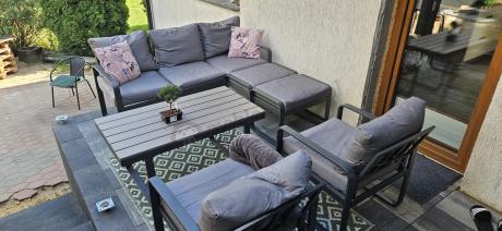 Meble ogrodowe metalowe - sofa 175cm, fotele, pufy i stolik kawowy - Panaon Dining
