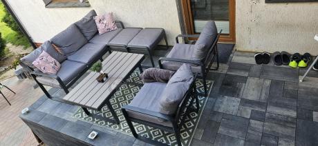 Meble ogrodowe metalowe - sofa 175cm, fotele, pufy i stolik kawowy - Panaon Dining