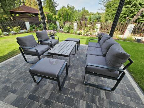 Meble ogrodowe metalowe - sofa 175cm, fotele, pufy i stolik kawowy - Panaon Dining