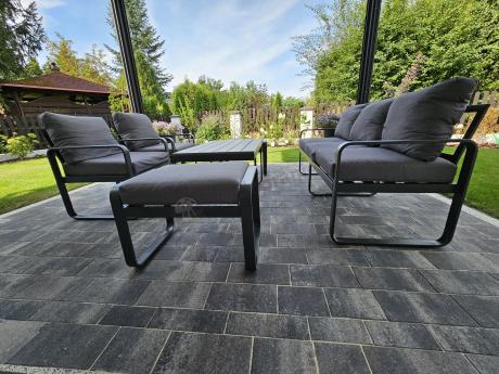 Meble ogrodowe metalowe - sofa 175cm, fotele, pufy i stolik kawowy - Panaon Dining