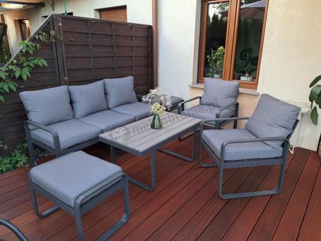 Meble ogrodowe metalowe - sofa 175cm, fotele, pufy i stolik kawowy - Panaon Dining
