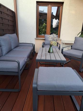 Meble ogrodowe metalowe - sofa 175cm, fotele, pufy i stolik kawowy - Panaon Dining