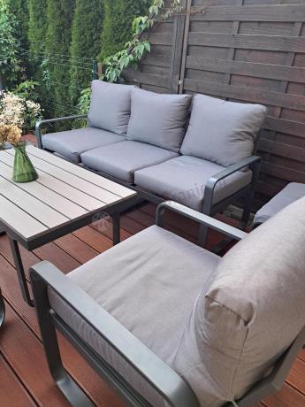 Meble ogrodowe metalowe - sofa 175cm, fotele, pufy i stolik kawowy - Panaon Dining