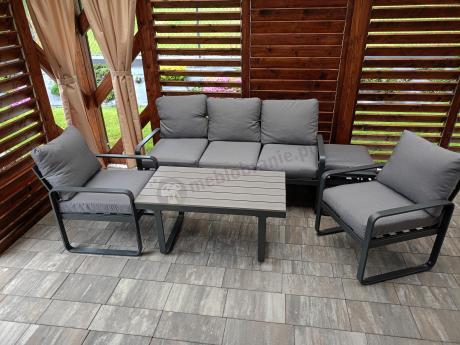 Meble ogrodowe metalowe - sofa 175cm, fotele, pufy i stolik kawowy - Panaon Dining