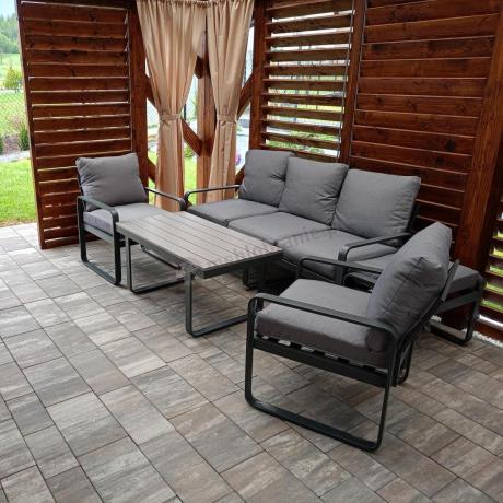 Meble ogrodowe metalowe - sofa 175cm, fotele, pufy i stolik kawowy - Panaon Dining