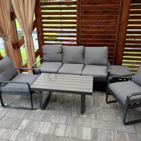 Meble ogrodowe metalowe - sofa 175cm, fotele, pufy i stolik kawowy - Panaon Dining