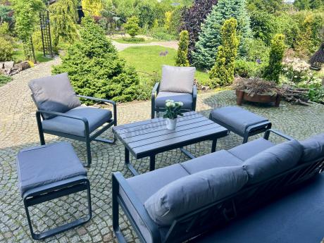 Meble ogrodowe metalowe - sofa 175cm, fotele, pufy i stolik kawowy - Panaon Dining