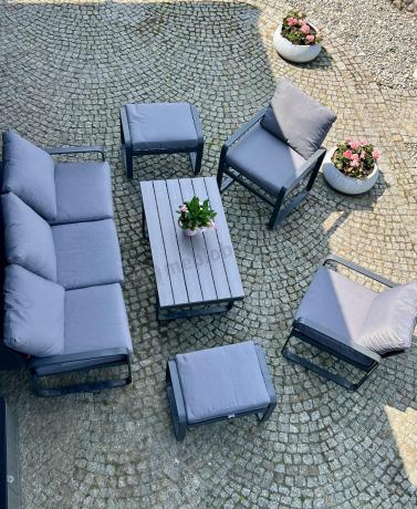 Meble ogrodowe metalowe - sofa 175cm, fotele, pufy i stolik kawowy - Panaon Dining
