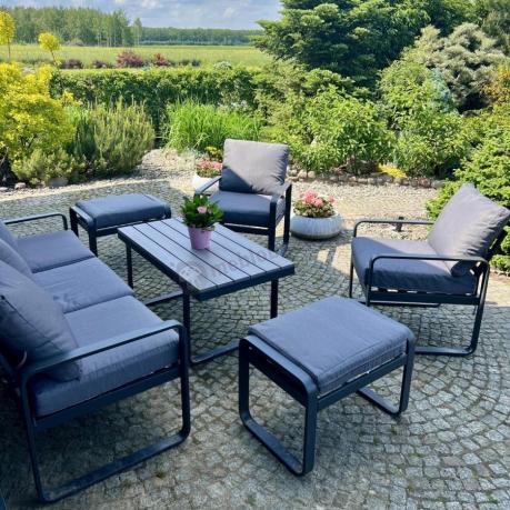 Meble ogrodowe metalowe - sofa 175cm, fotele, pufy i stolik kawowy - Panaon Dining