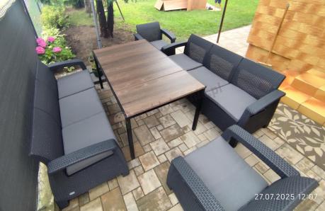 Meble ogrodowe na taras dla 8 osób, 2 sofy, 2 fotele, stół 160 cm orzech Meblobranie CFM grafit
