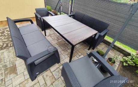 Meble ogrodowe na taras dla 8 osób, 2 sofy, 2 fotele, stół 160 cm orzech Meblobranie CFM grafit