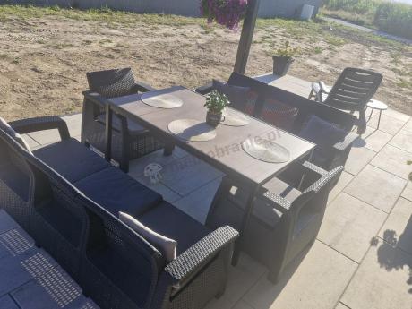 Meble ogrodowe na taras dla 8 osób, 2 sofy, 2 fotele, stół 160 cm orzech Meblobranie CFM grafit
