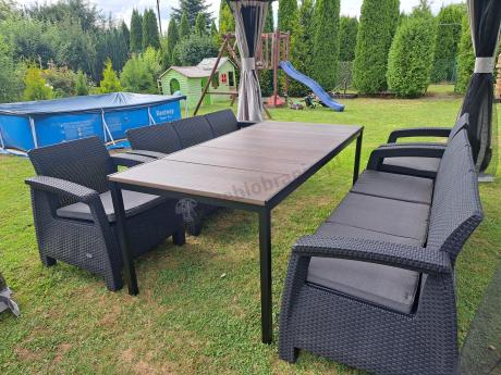 Meble ogrodowe na taras dla 8 osób, 2 sofy, 2 fotele, stół 200cm z drewnianym blatem Meblobranie CFM Plus grafit