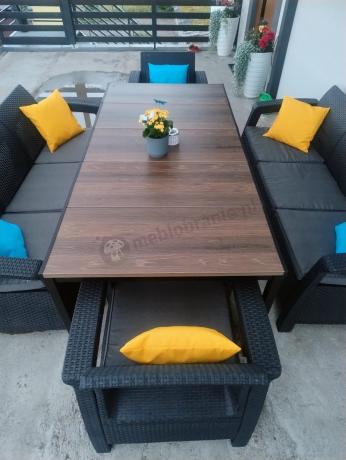 Meble ogrodowe na taras dla 8 osób, 2 sofy, 2 fotele, stół 200cm z drewnianym blatem Meblobranie CFM Plus grafit