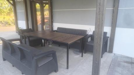 Meble ogrodowe na taras dla 8 osób, 2 sofy, 2 fotele, stół 200cm z drewnianym blatem Meblobranie CFM Plus grafit