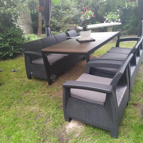 Meble ogrodowe na taras dla 8 osób, 2 sofy, 2 fotele, stół 200cm z drewnianym blatem Meblobranie CFM Plus grafit