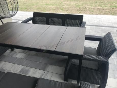 Meble ogrodowe na taras dla 8 osób, 2 sofy, 2 fotele, stół 200cm z drewnianym blatem Meblobranie CFM Plus grafit