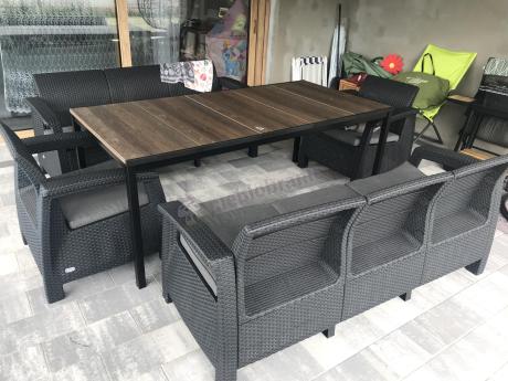 Meble ogrodowe na taras dla 8 osób, 2 sofy, 2 fotele, stół 200cm z drewnianym blatem Meblobranie CFM Plus grafit