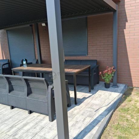 Meble ogrodowe na taras dla 8 osób, 2 sofy, 2 fotele, stół 200cm z drewnianym blatem Meblobranie CFM Plus grafit