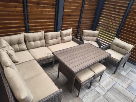 Meble ogrodowe narożne technorattanowe z dwoma fotelami i stołem polywood - Perata Corner Brown
