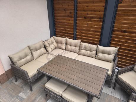 Meble ogrodowe narożne technorattanowe z dwoma fotelami i stołem polywood - Perata Corner Brown
