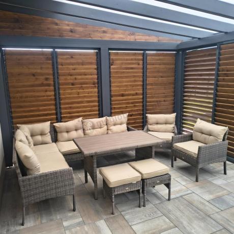 Meble ogrodowe narożne technorattanowe z dwoma fotelami i stołem polywood - Perata Corner Brown