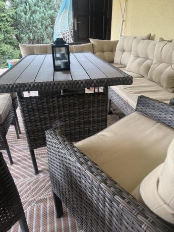 Meble ogrodowe narożne technorattanowe z dwoma fotelami i stołem polywood - Perata Corner Brown