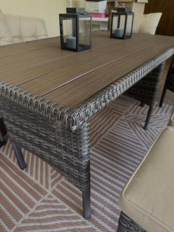 Meble ogrodowe narożne technorattanowe z dwoma fotelami i stołem polywood - Perata Corner Brown