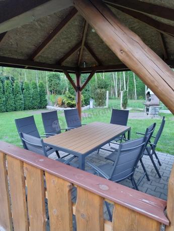 Meble ogrodowe obiadowe ze stołem 180cm i składanymi krzesłami - Kanbery Wood Antracite 8+1