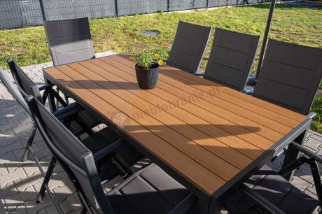 Meble ogrodowe obiadowe ze stołem 180cm i składanymi krzesłami - Kanbery Wood Antracite 8+1